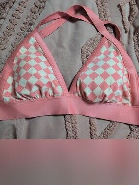 Women's  Pink Peach Gingham Checkered Bikini Top - Kona Sol XL